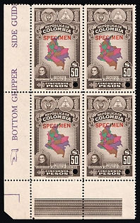 1941 50p Republic of Colombia, Revenue, Block of Four, Specimen, Corner Margins, Brown Control Strips, Sheet Inscription