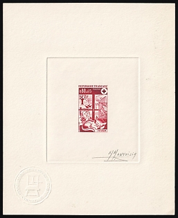 1974 0.60fr+0.15fr France, Red Cross, Master Die Proof Sunken Sheetlet, Dark Red, Signed by Artist