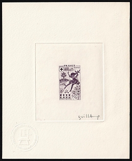 1975 0.60fr+0.15fr France, Red Cross, Master Die Proof Sunken Sheetlet, Violet, Signed by Artist