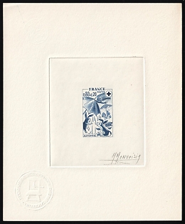 1975 0.80fr+0.20fr France, Red Cross, Master Die Proof Sunken Sheetlet, Blue, Signed by Artist