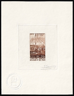 1970 70fr French Territory of the Afars and the Issas, Master Die Proof Sunken Sheetlet, Airmail, Brown, Signed by Artist