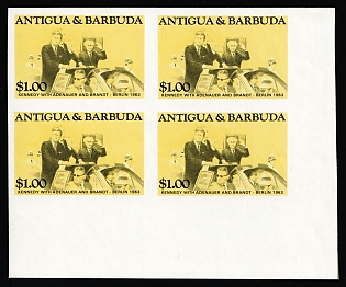 1984 1$ '20th Century Leaders - Kennedy in Berlin', Antigua & Barbuda, Block of Four, Trial Color Proof Imperforate, Corner Margin