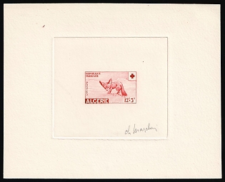 1957 15+3fr Algeria, French Colonies, Red Cross, Master Die Proof Sunken Sheetlet, Red, Signed by Artist