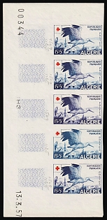 1957 15+5fr Algeria, French Colonies, Red Cross,  Imperforate, Trial Color Proofs Strip, Plate Numbers, Sheet Inscription, Margin