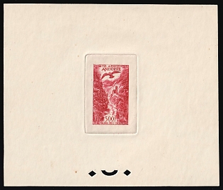 1955 500fr Andorra, Airmail, French Colonies, Trial Color Proof Sheetlet, Epreuve de Luxe, Deluxe Presentation Miniature Sheet, Red