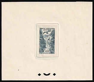 1955 500fr Andorra, Airmail, French Colonies, Trial Color Proof Sheetlet, Epreuve de Luxe, Deluxe Presentation Miniature Sheet, Light Blue-Gray