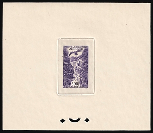 1955 500fr Andorra, Airmail, French Colonies, Trial Color Proof Sheetlet, Epreuve de Luxe, Deluxe Presentation Miniature Sheet, Violet