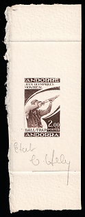 1976 2fr Andorra, French Colonies, Master Die Proof Sunken Sheetlet, Brown, Signed by Artist