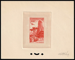 1953 500fr Cameroon, French Colonies, Airmail, Trial Color Proof, Epreuve de Luxe, Deluxe Presentation Miniature Sheet, Red