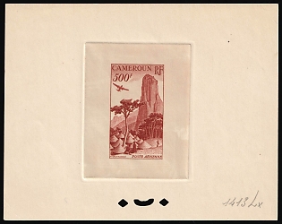 1953 500fr Deluxe Die Proof, Cameroon, French Colonies, Airmail, Trial Color Proof, Epreuve de Luxe, Deluxe Presentation Miniature Sheet, Red-Brown