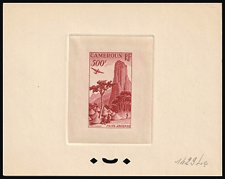 1953 500fr Cameroon, French Colonies, Airmail, Trial Color Proof, Epreuve de Luxe, Deluxe Presentation Miniature Sheet, Deep Red