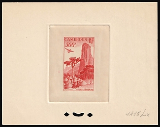 1953 500fr Cameroon, French Colonies, Airmail, Trial Color Proof, Epreuve de Luxe, Deluxe Presentation Miniature Sheet, Light Red