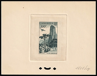 1953 500fr Cameroon, French Colonies, Airmail, Trial Color Proof, Epreuve de Luxe, Deluxe Presentation Miniature Sheet, Dark Blue-Gray