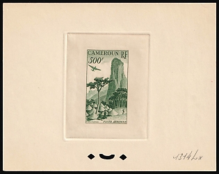 1953 500fr Cameroon, French Colonies, Airmail, Trial Color Proof, Epreuve de Luxe, Deluxe Presentation Miniature Sheet, Green