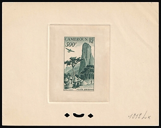 1953 500fr Cameroon, French Colonies, Airmail, Trial Color Proof, Epreuve de Luxe, Deluxe Presentation Miniature Sheet, Blue-Green