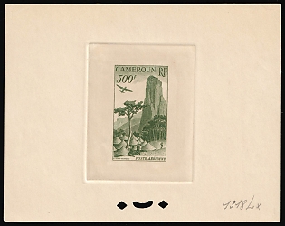 1953 500fr Cameroon, French Colonies, Airmail, Trial Color Proof, Epreuve de Luxe, Deluxe Presentation Miniature Sheet, Olive-Green