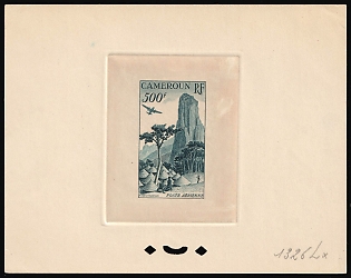 1953 500fr Cameroon, French Colonies, Airmail, Trial Color Proof, Epreuve de Luxe, Deluxe Presentation Miniature Sheet, Deep Blue