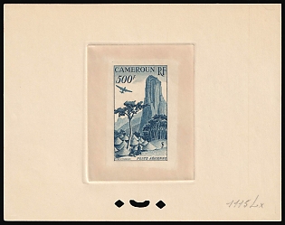 1953 500fr Cameroon, French Colonies, Airmail, Trial Color Proof, Epreuve de Luxe, Deluxe Presentation Miniature Sheet, Light Blue