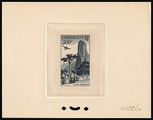 1953 500fr Cameroon, French Colonies, Airmail, Trial Color Proof, Epreuve de Luxe, Deluxe Presentation Miniature Sheet, Dark Gray