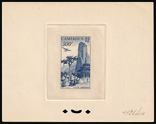 1953 500fr Cameroon, French Colonies, Airmail, Trial Color Proof, Epreuve de Luxe, Deluxe Presentation Miniature Sheet, Blue