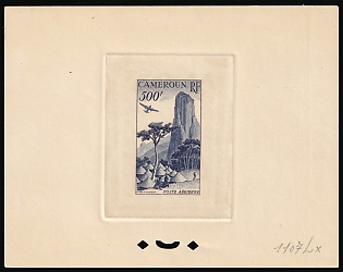 1953 500fr Cameroon, French Colonies, Airmail, Trial Color Proof, Epreuve de Luxe, Deluxe Presentation Miniature Sheet, Dark Blue