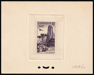 1953 500fr Cameroon, French Colonies, Airmail, Trial Color Proof, Epreuve de Luxe, Deluxe Presentation Miniature Sheet, Dark Violet