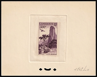 1953 500fr Cameroon, French Colonies, Airmail, Trial Color Proof, Epreuve de Luxe, Deluxe Presentation Miniature Sheet, Purple
