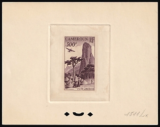 1953 500fr Cameroon, French Colonies, Airmail, Trial Color Proof, Epreuve de Luxe, Deluxe Presentation Miniature Sheet, Dark Purple