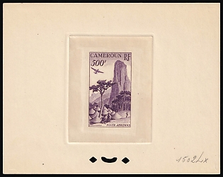 1953 500fr Cameroon, French Colonies, Airmail, Trial Color Proof, Deluxe Presentation Miniature Sheet, Light Purple