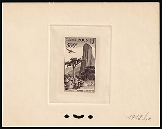 1953 500fr Cameroon, French Colonies, Airmail, Trial Color Proof, Epreuve de Luxe, Deluxe Presentation Miniature Sheet, Black