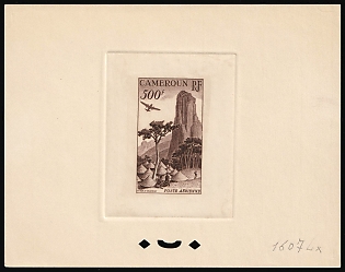 1953 500fr Cameroon, French Colonies, Airmail, Trial Color Proof, Epreuve de Luxe, Deluxe Presentation Miniature Sheet, Sepia