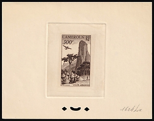 1953 500fr Cameroon, French Colonies, Airmail, Trial Color Proof, Epreuve de Luxe, Deluxe Presentation Miniature Sheet, Dark Brown