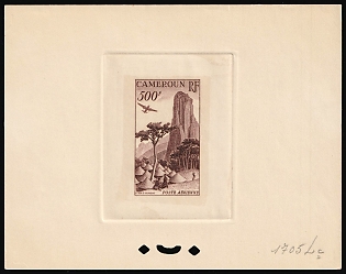 1953 500fr Cameroon, French Colonies, Airmail, Trial Color Proof, Epreuve de Luxe, Deluxe Presentation Miniature Sheet, Deep Brown