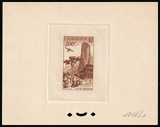 1953 500fr Cameroon, French Colonies, Airmail, Trial Color Proof, Epreuve de Luxe, Deluxe Presentation Miniature Sheet, Light Brown