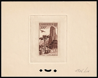 1953 500fr Cameroon, French Colonies, Airmail, Trial Color Proof, Epreuve de Luxe, Deluxe Presentation Miniature Sheet, Brown