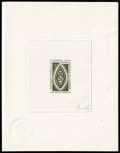 1969 5fr Republic of Cameroon, Master Die Proof Sunken Sheetlet, Dark Olive-Green, Signed by Artist