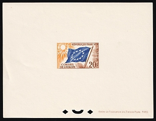 1958 20fr France, For the Council of Europe, Proof Sheetlet, Epreuve de Luxe, Deluxe Presentation Miniature Sheet, Official Stamp