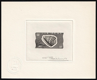 1976 60fr French Territory of the Afars and the Issas, Master Die Proof Sunken Sheetlet, Black, Signed by Artist