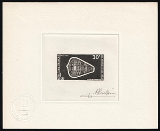 1977 30fr French Territory of the Afars and the Issas, Master Die Proof Sunken Sheetlet, Black, Signed by Artist