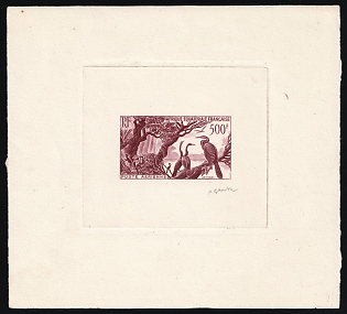 1953 500fr French Equatorial Africa, French Colonies, Master Die Proof Sunken Sheetlet, Airmail, Red Brown, Signed by Artist