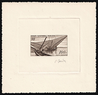 1955 100fr French Equatorial Africa, French Colonies, Master Die Proof Sunken Sheetlet, Airmail, Brown, Signed by Artist
