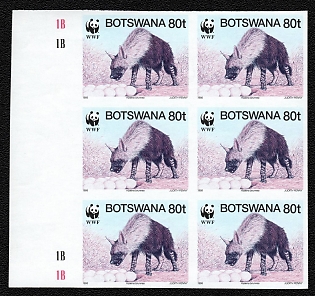 1995 80t Republic of Botswana, Imperforate, Trial Colour Proof, Block of Six, Margin, Plate Numbers