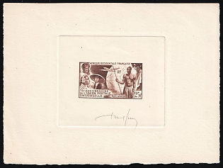 1949 25fr French West Africa, French Colonies, Master Die Proof Sunken Sheetlet, Airmail, Brown, Signed by Artist