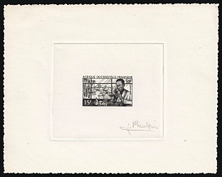 1953 15fr French West Africa, French Colonies, Master Die Proof Sunken Sheetlet, Black, Signed by Artist