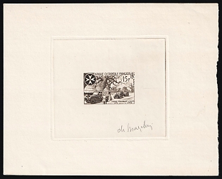 1957 15fr French West Africa, French Colonies, Master Die Proof Sunken Sheetlet, Brown, Signed by Artist