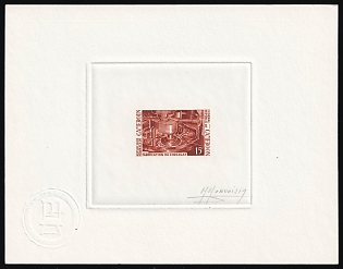 1969 15fr Republic of Cameroon, Master Die Proof Sunken Sheetlet, Red Brown Trial Color, Signed by Artist