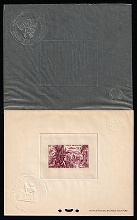 1947 50fr Guadeloupe, Overseas Department of France, Proof Sheetlet with Curtain, Epreuve de Luxe, Deluxe Presentation Miniature Sheet, Airmail