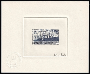 1976 60fr People's Republic of the Congo (Brazzaville), Master Die Proof Sunken Sheetlet, Airmail, Blue, Signed by Artist