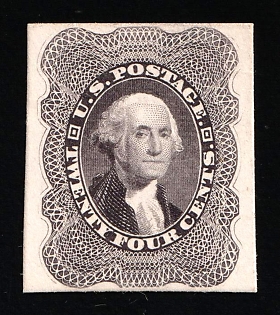 1851-60 24c Washington, United States, USA, Blackish Violet, Proof, Plate on Card, Imperforate