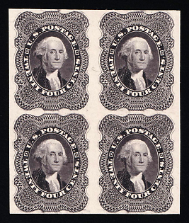 1851-60 24c Washington, United States, USA, Blackish Violet, Block of Four, Proof, Plate on Card, Imperforate